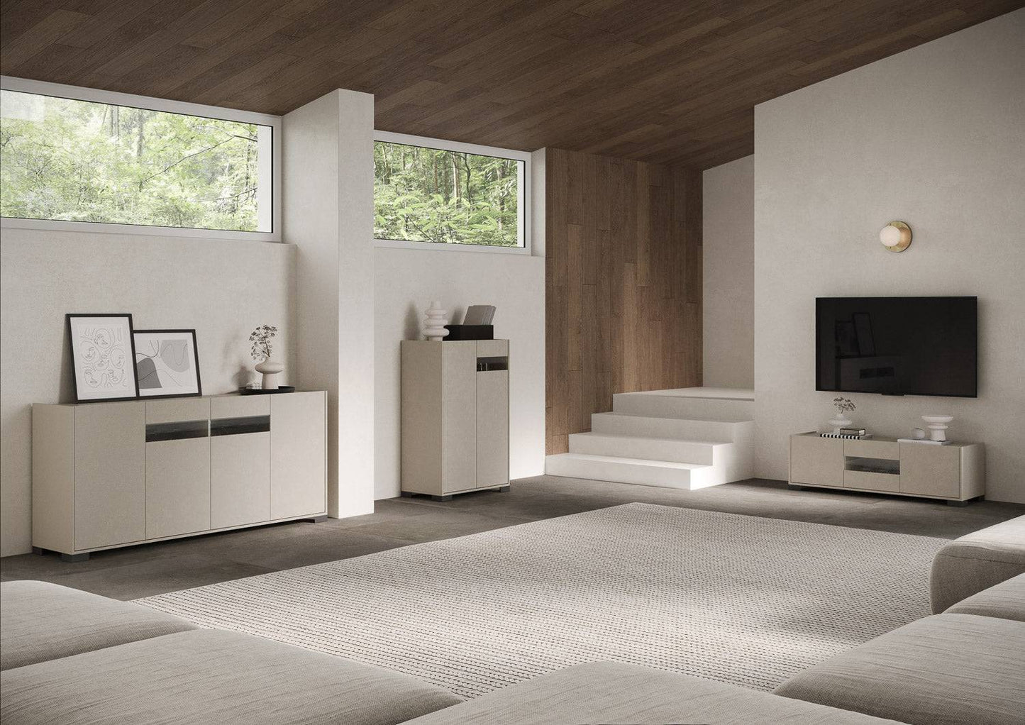 Highboard und Highboard mit TV-Ständer Riflesso Hochglanz Weiß und Kaschmir