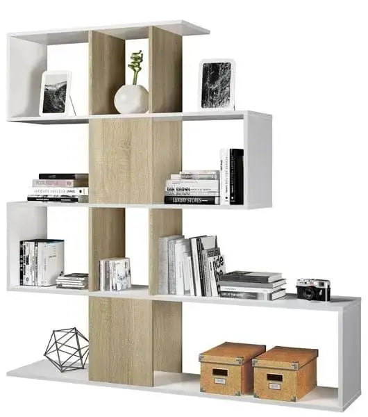 Libreria a Zig Zag Rovere e Bianco con 11 Scomparti e 4 Livelli