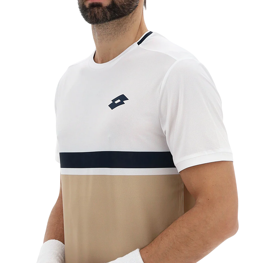 Lotto Maglietta Tennis Uomo TECH V 222845 9SP Bianco-Beige – tecnica, traspirante, comfort, stile sportivo