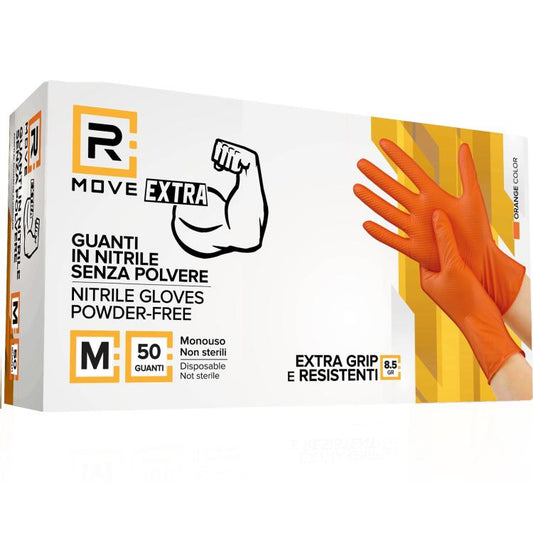 Rmove 50Pz 8.5Gr da Lavoro Guanti Nitrile Arancione Senza Polvere Full Grip (M)