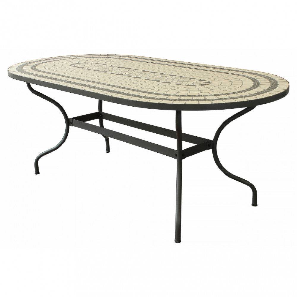 Ovaler Tisch Dedalo 200x100 - Platte Mosaik Beige und Anthrazit, Gestell aus Eisen