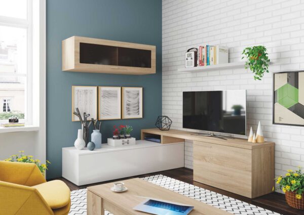 Anbauwand Nexus 2-Sitzer Aschgrau und Weiß mit Wandregal und Oberschrank