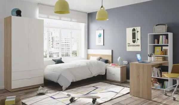 Testiera per letto singolo e comodino Rovere Canadian - Bianco Artik