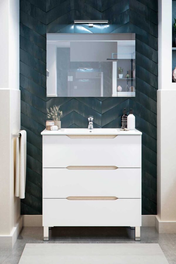 Mobile da bagno Lea 80x45x86h Bianco Lucido e Rovere con 3 Cassetti e Lavello in Ceramica