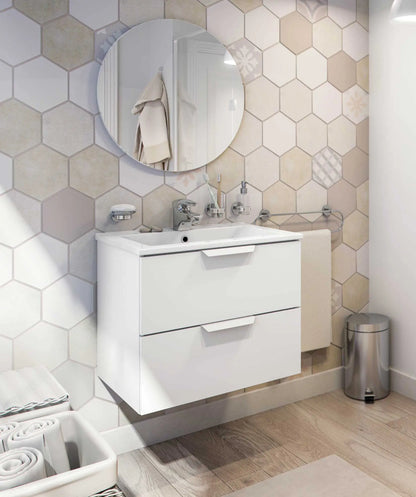 Hochglänzender weißer Badschrank 60x45x50h mit 2 Schubladen und Keramikwaschbecken