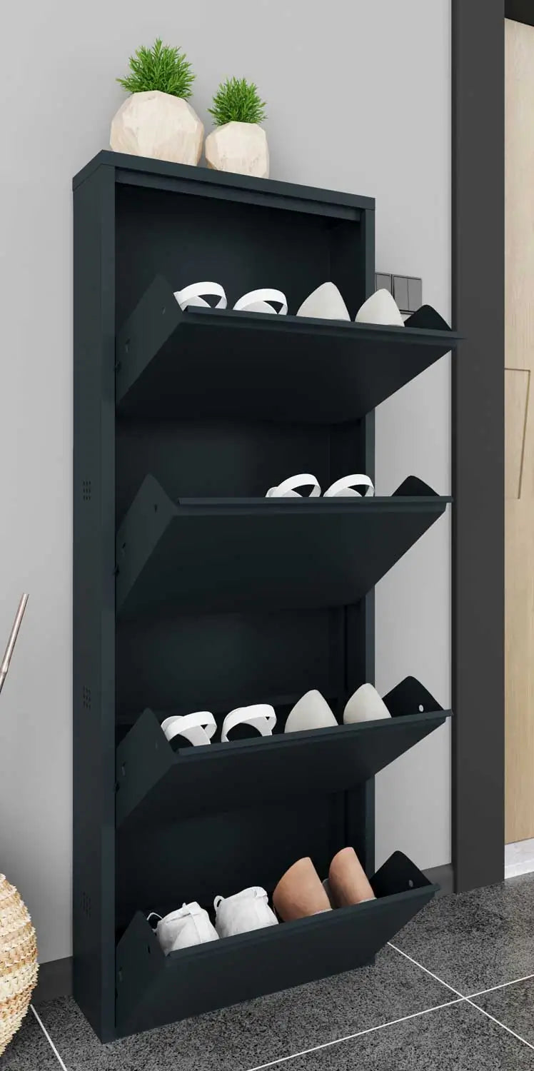 Schuhschrank aus Metall mit 4 Klapptüren – platzsparend, mattschwarz