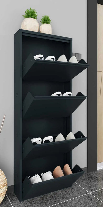 Schuhschrank aus Metall mit 4 Klapptüren – platzsparend, mattschwarz
