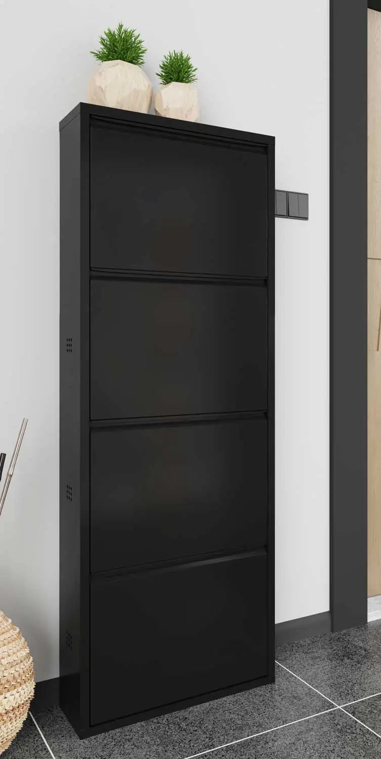 Schuhschrank aus Metall mit 4 Klapptüren – platzsparend, mattschwarz