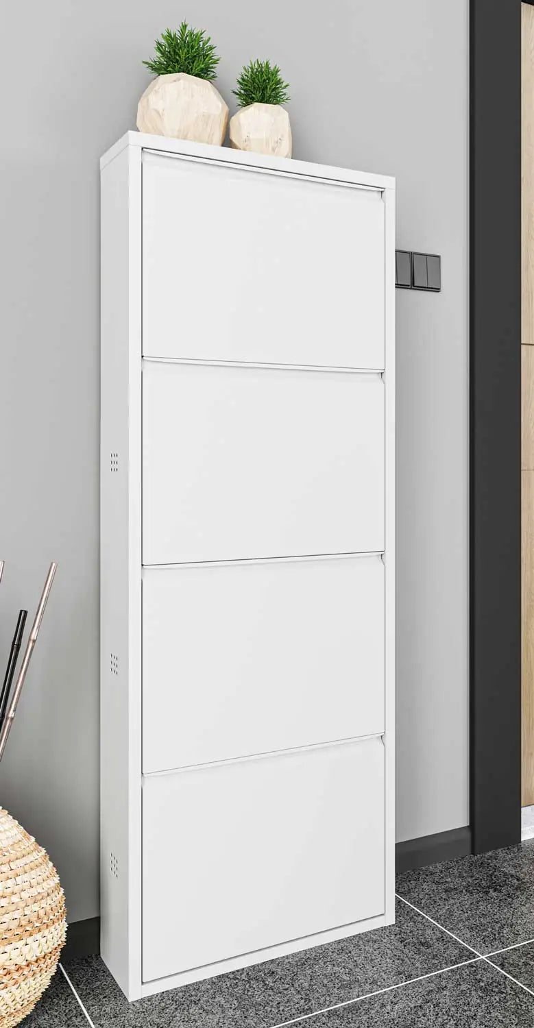 Metallschuhschrank mit 4 Klappen – platzsparend, weiß
