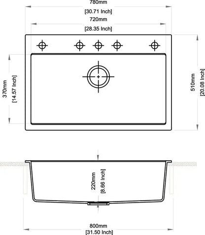 Lavello 1 vasca in Quarzo Nero 78x51cm - profondità 22cm