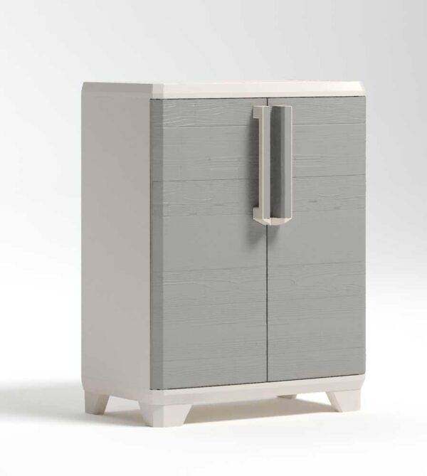 Niedriger Schrank Linear Wood 68x39x90h aus Kunststoff, Einlegeböden 15 kg, sicherer Verschluss