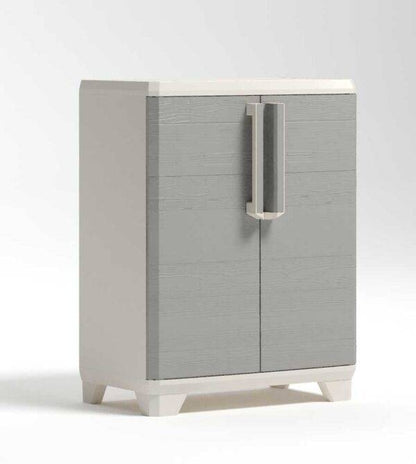 Niedriger Schrank Linear Wood 68x39x90h aus Kunststoff, Einlegeböden 15 kg, sicherer Verschluss