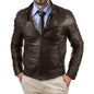 Men's Brown Slim Fit Real Leather Biker Jacket with Button Collar Rindway
