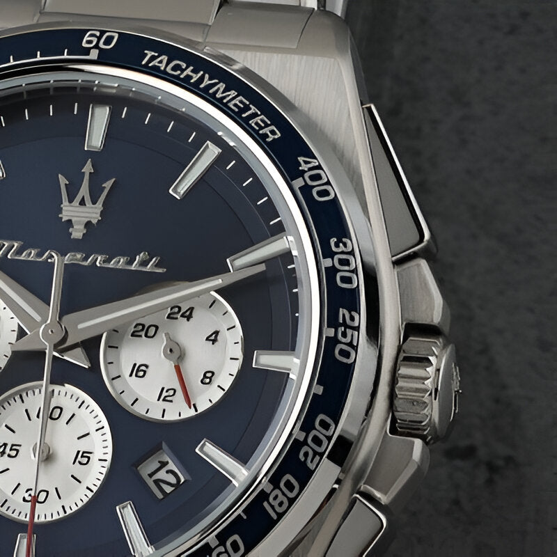 Maserati Velocità Chrono R8873652005 – Quarzuhr mit Chronograph, Silber und Blau, 43mm