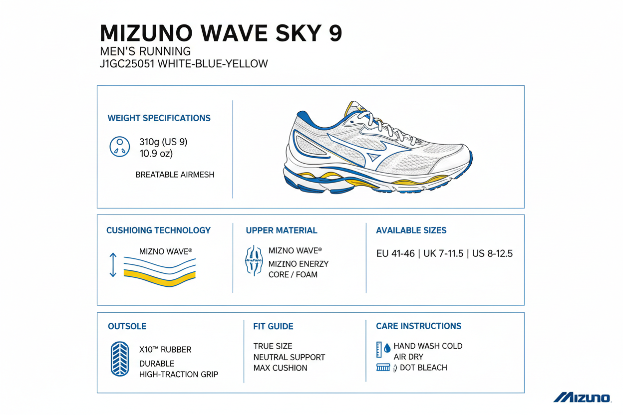 Mizuno Scarpa Running Uomo Wave Sky 9 J1GC250251 Bianco Blu Giallo