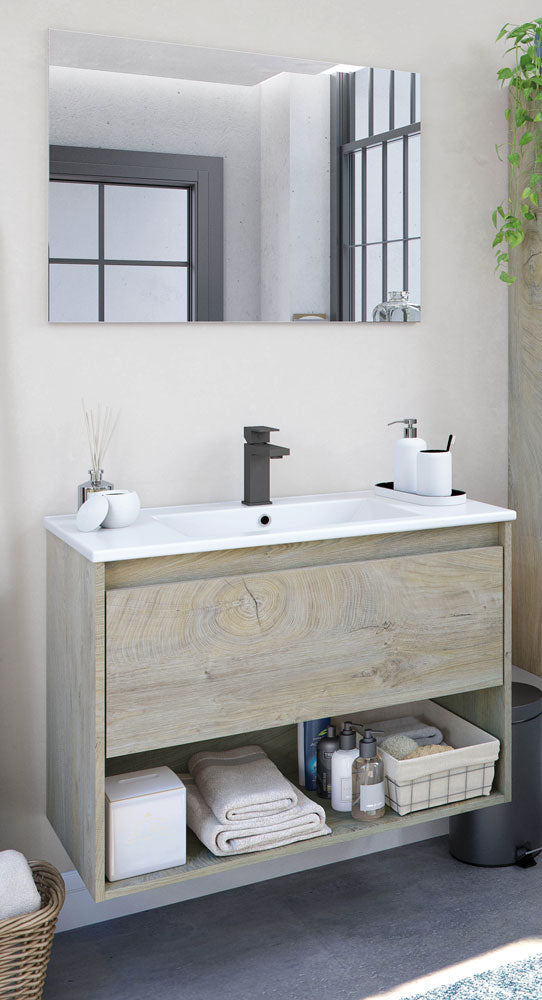 Mobile Bagno Sospeso Rovere Alaska (80x45x59h cm) con 1 Cassetto e Ripiano