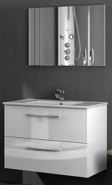 Hängender Badschrank 80x46x58h weiß 2 Schubladen Waschbecken und Spiegel
