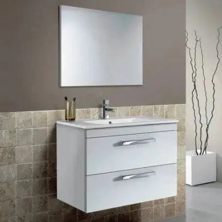 Hängender Badschrank 80x46x58h weiß 2 Schubladen Waschbecken und Spiegel