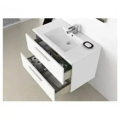 Hängender Badschrank 80x46x58h weiß 2 Schubladen Waschbecken und Spiegel