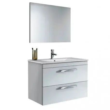 Hängender Badschrank 80x46x58h weiß 2 Schubladen Waschbecken und Spiegel