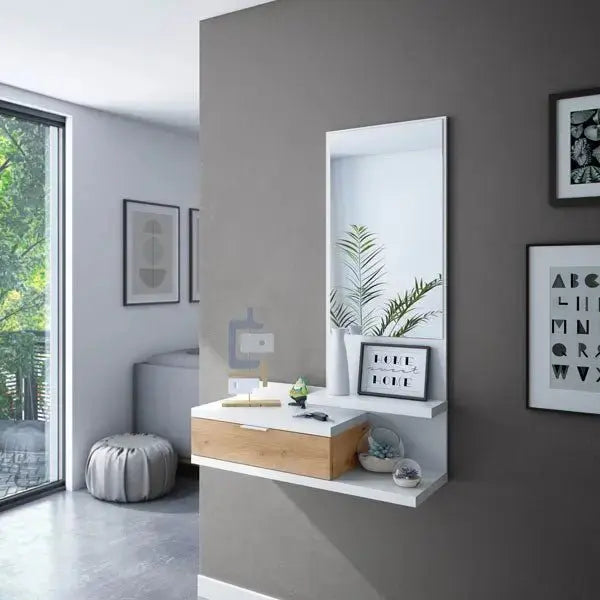 Hängende Garderobe mit Spiegel Eiche astig-weiß