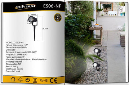 Faretto Led 5W Da Esterno Con Picchetto Giardino Staffa Parete Proiettore 6500K