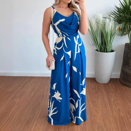 Tuta Donna a Gamba Larga con Bretelle – Stampa Fashion e Vita Regolabile