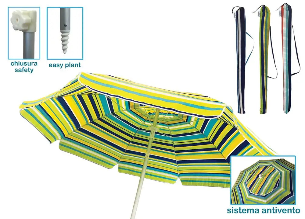 Ombrellone Mare Luxury Ø220 cm con 8 Stecche in Fiberglass – Colori Assortiti