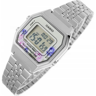 Orologio Digitale Casio LA680WA-4C Donna – Vintage con Fiori, Cassa Argento e Bracciale in Acciaio