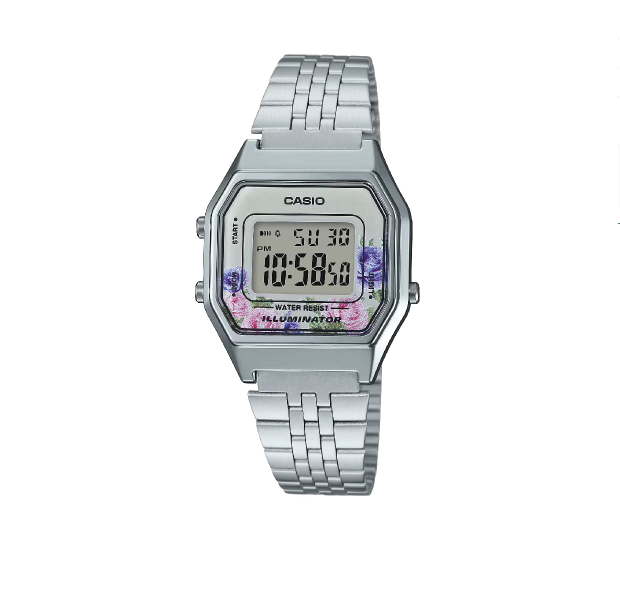 Orologio Digitale Casio LA680WA-4C Donna – Vintage con Fiori, Cassa Argento e Bracciale in Acciaio