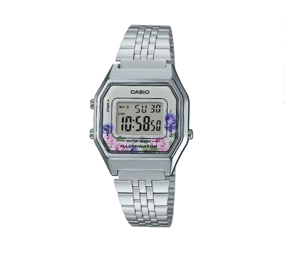 Orologio Digitale Casio LA680WA-4C Donna – Vintage con Fiori, Cassa Argento e Bracciale in Acciaio