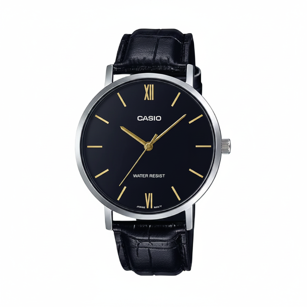 Casio MTP-VT01L-1B - Orologio da Uomo Minimal con Cinturino in Pelle Nera e Quadrante Nero