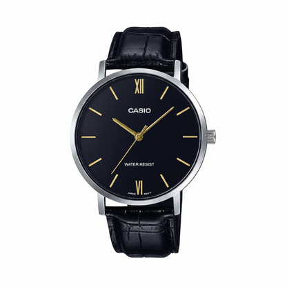 Casio MTP-VT01L-1B - Orologio da Uomo Minimal con Cinturino in Pelle Nera e Quadrante Nero