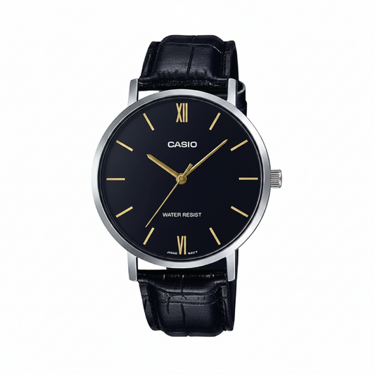 Casio MTP-VT01L-1B - Orologio da Uomo Minimal con Cinturino in Pelle Nera e Quadrante Nero