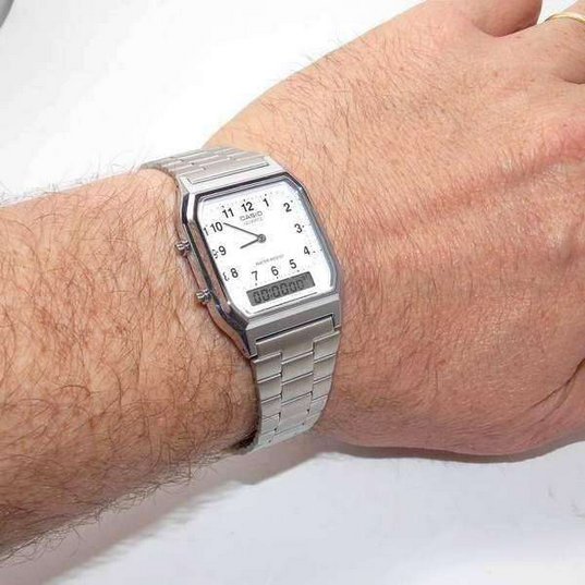 Casio AQ-230A-7B Orologio Vintage Unisex Analogico Digitale – Dual Time, Cronometro, Allarme, Acciaio Inox