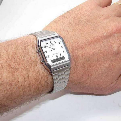 Casio AQ-230A-7B Orologio Vintage Unisex Analogico Digitale – Dual Time, Cronometro, Allarme, Acciaio Inox