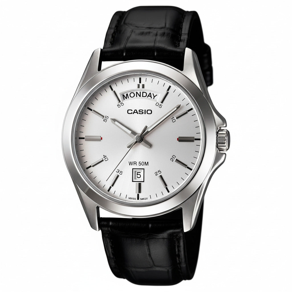Casio MTP-1370L-7A – Orologio uomo in pelle, quadrante Argento