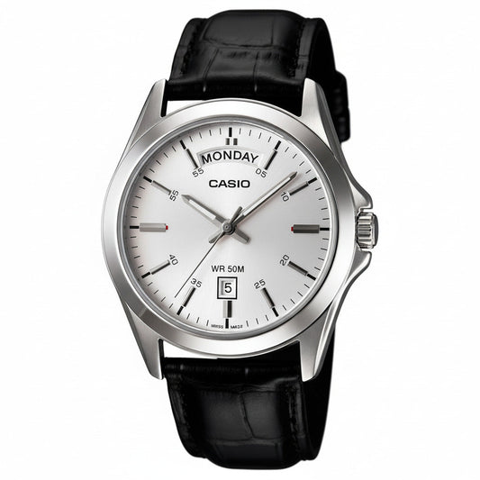 Casio MTP-1370L-7A – Orologio uomo in pelle, quadrante Argento