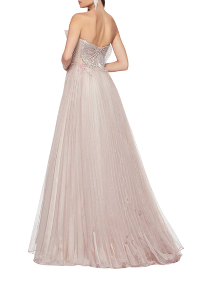 Impero Couture ash pink tulle formal dress with jeweled embroidery