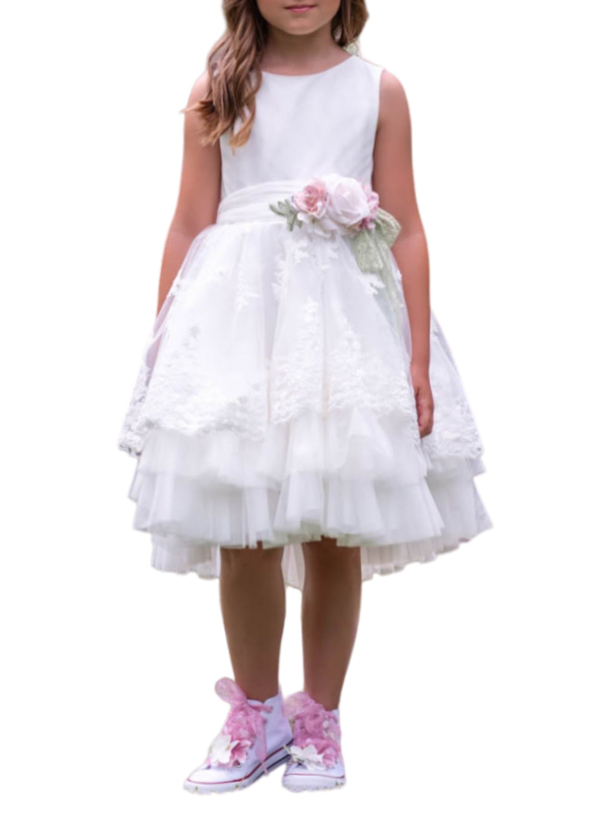 Mimilù elegant white tulle dress with floral embroidery