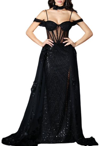Impero Couture black sequin and floral train formal dress
