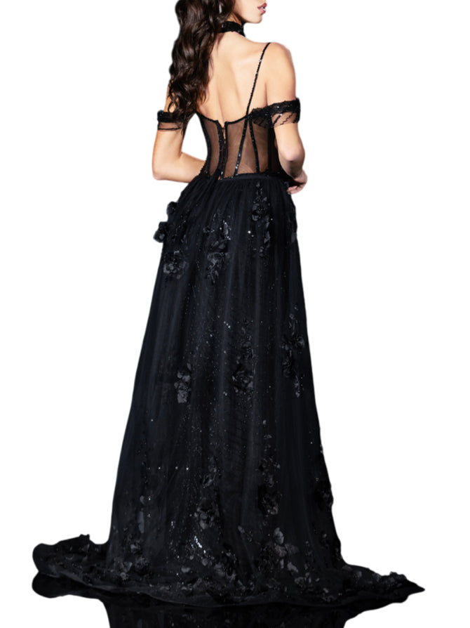 Impero Couture black sequin and floral train formal dress