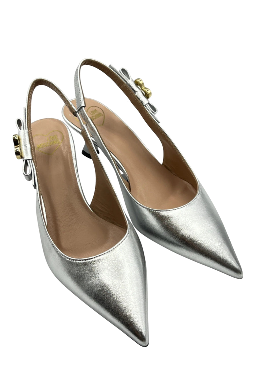 Love Moschino decollete slingback in pelle laminata argento
