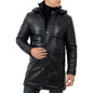 Men's Long Slim Black Genuine Leather Puffer Jacket with Removable Zipper Hood Rindway