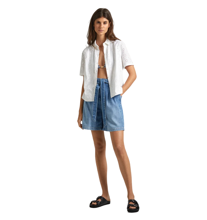 Pepe Jeans camicia manica corta da donna in popeline traforata sangallo Esty PL304810 800 bianco
