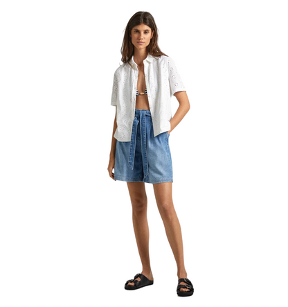 Pepe Jeans camicia manica corta da donna in popeline traforata sangallo Esty PL304810 800 bianco