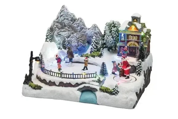 Paesaggio natalizio con pattinatori e babbo natale in movimento con led e musica