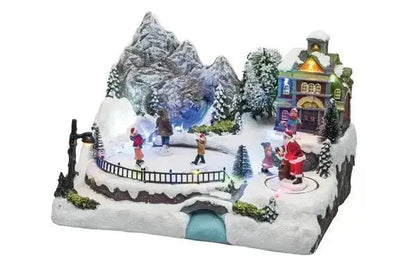 Paesaggio natalizio con pattinatori e babbo natale in movimento con led e musica