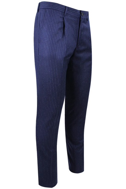 Pantalone slim con pince in lana bluette gessata