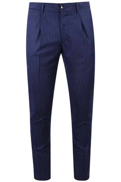 Pantalone slim con pince in lana bluette gessata
